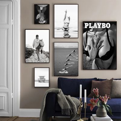 Fashion Girl Black White Photo Posters Print Vintage Sexy Swimming Woman Art Painting Retro Sea Modern Pictures Home Room Decor