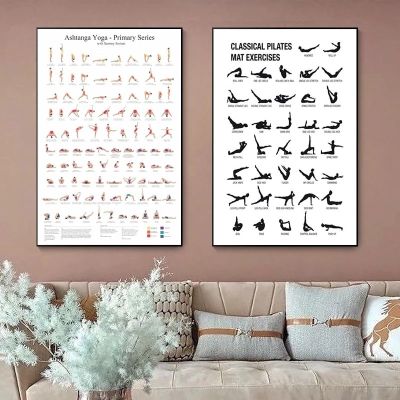 Ashtanga Primary Series โยคะและพิลาทิสออกกำลังกายแผนภูมิโปสเตอร์-ผ้าใบพิมพ์สำหรับโยคะ Gym Room Wall Art Decor-หญิงฟิตเนสภาพวาดสำหรับแรงจูงใจและแรงบันดาลใจ