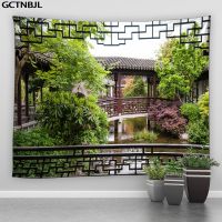 Retro Chinese Garden Scenery Tapestry Ancient Style Promenade Lake Tree Nature Landscape Wall Hanging Living Room Bedroom Decor