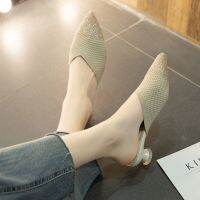 Women Shoes Elastic Thick Heel All-match Baotou 4cm Heels รองเท้าแตะแฟชั่นหัวเป่าโถวและรองเท้าแตะผู้หญิง