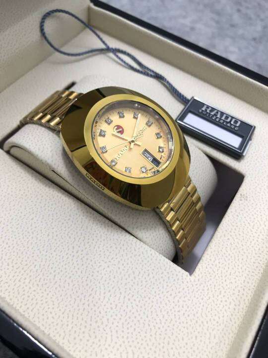 นาฬิกา-ราโด้-รุ่น-เดียสตาร์-หน้าปัดสีทองแบบเรียบ-gold-dial-diamond-36-mm-ระบบควอทซ์-men-s-watch-รับประกันภาพถ่ายจากสินค้าจริง