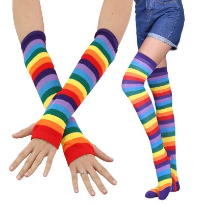 Summer Sunscreen Rainbow Stripe Knee Length Socks Christmas Halloween Cotton New Simple Retro Womens Socks Glove Set Display
