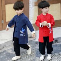 【CW】 Chinese Traditional Outfit For Kids Boys Long Sleeve Embroidery Hanfu New Year Tang Suit Christmas Autumn Spring Cotton Red