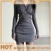 hanshi [2023 new HOT FASHION] lazlook เดรสสั้นลำลองคอวีแขนยาวสำหรับผู้หญิงเดรสสั้นลำลองสีดำเซ็กซี่สีพื้น