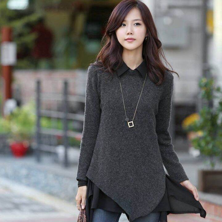 womens-blouses-korean-chiffon-black-shirt-long-sleeve-long-casual-pajamas-tops