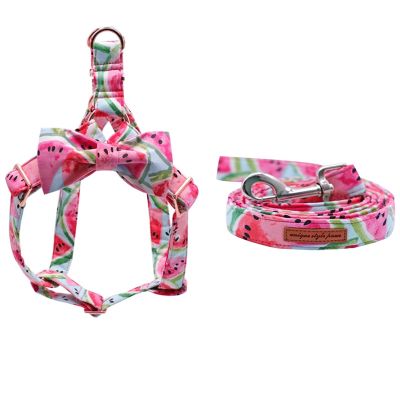 【LZ】 Cotton Watermelon Dog Harness with Bowtie and Basic Dog Leash Adjustable Buckle Pet Supplies