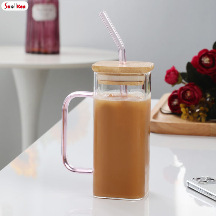 แก้วสกอตแก้วปากกว้างพร้อมฝาแก้วน้ำดื่มที่จับสำหรับชาร้อนกาแฟเครื่องดื่มเย็นๆเย็น