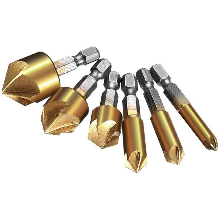 รูสกรูตัด5ร่องเจาะซิงค์เคาน์เตอร์บิตงานไม้6ชิ้น-hex-6-19mm-countersink-เครื่องมือบิต1-4-chamfer-hex