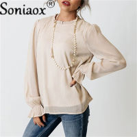 2022 Women Spring Chiffon Blouse Long Sleeve Ruffle Collar Design New Solid Color Casual Shirts Double Layer Stylish Slim Blusas