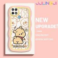 Jjlingji เคสสำหรับ OPPO A15 A35 A15s 4G เคสวินนี่ช้อนส้อมมีดหมีพูห์สีสันสดใสขอบครีมกันกระแทกแบบใสนิ่มเคสมือถือฝาครอบป้องกันง่ายเคสโปร่งใสลายกล้องถ่ายรูปสร้างสรรค์