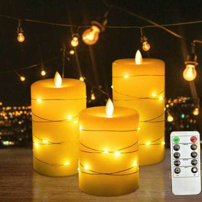 【CW】Pack of 3 or 5 Paraffin Wax LED Easter Candles With Remote Control,Electronic Pillar Dancing Moving Wick Copper Candle Light