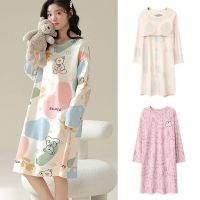 Women Long Sleeve Nightgowns Autumn Winter Sleepwear Loose O-neck Nightdress With Bra Pad Cartoon Female Casual Home Clothes