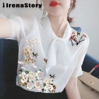 IRENASTORY เสื้อยืดผู้หญิงแขนสั้น,เสื้อฉบับภาษาเกาหลีเข้ารูปเสื้อพิมพ์ลายปกหน้าท้องคอปกเสื้อแม่ M-4XL