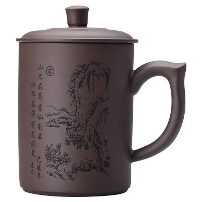 【High-end cups】ถ้วยชาดินเหนียวสีม่วงจีน Yixing Zisha ฝีมือถ้วยชาแก้วสลักถ้วยม้า