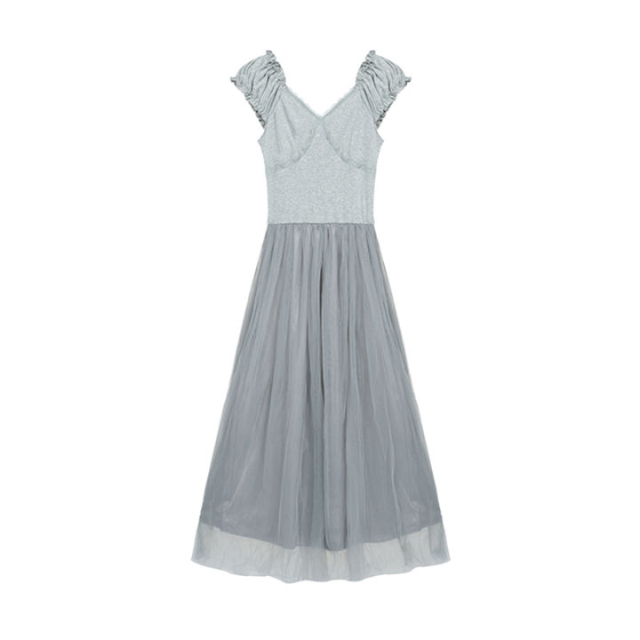 xitao-dress-folds-sleeveless-mesh-patchwork-dress