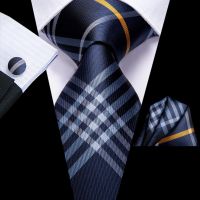 Hi-Tie Silk Wedding Tie For Men Blue White PlaidHandky Cufflink Set Fashion Designer Necktie For Men Business Party Dropship