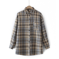 【มีไซส์ใหญ่】Plus Size Womens Long Sleeved Plaid Blouse Fashion High Street Vintage A-line Tops with Pocket