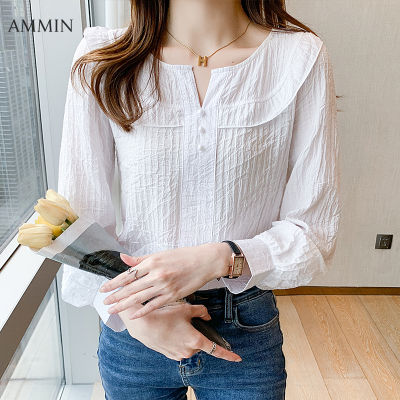 AMMIN เสื้อผู้หญิงผ้าชีฟองแขนยาวมีระบาย,เสื้อผู้หญิงใส่ได้ทุกโอกาสเสื้อเชิ้ตคอวีแฟชั่นสไตล์เกาหลีเรียบง่ายแขนพองสีขาวใหม่ฤดูใบไม้ร่วงปี2021