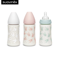 Suavinex ขวดนมลาย HYGGE รุ่น Premium PA polyamide wide neck bottle with 3P round teat ขนาด 270ml เหมาะสำหรับอายุ 3-18 เดือน