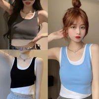 พร้อมส่ง เสื้อครอปเเขนกุดเเฟชั่นสไตล์เกาหลีสีพื้น