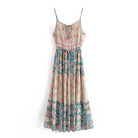 Bohemia Contrast color Floral Print Spaghetti Strap Dress BOHO Woman Lacing up Waist Sling Midi Long Dresses Holiday Robe