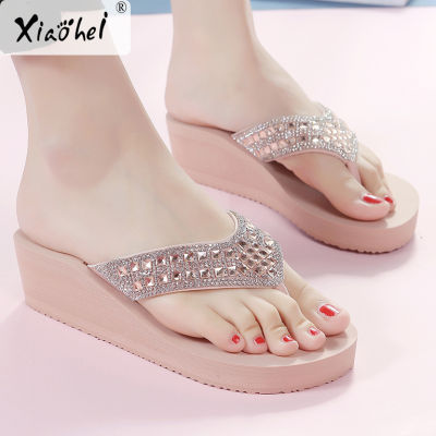 Womens Slippers Summer Rhinestone Slippers Womens Outdoor Fashion Slides Seaside Beach Shoes Wedge Breathable Flip Flops