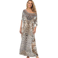 Leopard Print Swimsuit Cover up Plus size Bohemian Maxi Dress Pareos de playa Mujer Kaftan Dress Sarong Tunic for Beach Swimwear