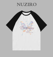 NUZIRO เสื้อยืดแขนสั้นสำหรับผู้หญิง,เสื้อยืดแขนสั้นพิมพ์ลายผีเสื้อแบบเกาหลี