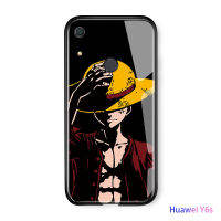 สำหรับ Huawei Y6S Luxury Soft Edge อะนิเมะ Luffy Glossy ปลอกกระจกเทมเปอร์กันกระแทกเคสหลังฝาครอบ