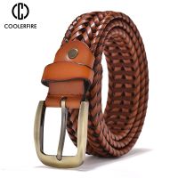 Men Genuine Leather Braided Belts Webbing High Quality Hand Vintage Belts for Men Gold Pin Buckle Casual for Jeans Strap HQ212 Belts