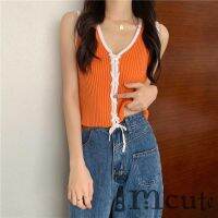 COD SDGYTRUYRT Imcute Women V-neck Knitted Vest Variegated Color Sleeveless Tie Up Tops Black/ Blue/ Orange/ White/ Apricot/ Purple