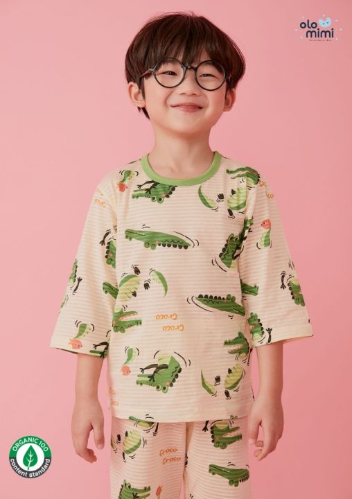 Bộ pijama lửng 100% cotton giấy cho bé trai Croc Croc - Olomimi Hàn Quốc |  