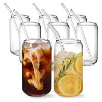 Drinking Glasses with Glass Straw -16Oz Can Shaped Glass Cups, Beer Glasses, Iced Coffee Glasses,2 Cleaning Brushes 8Pcs