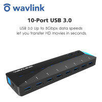 Wavlink 10 พอร์ต USB 3.0 ฮับความเร็วสุดยอดชาร์จสองพอร์ต 48 วัตต์อะแดปเตอร์ไฟ, เปิด/ปิดและไฟ LED, รองรับ BC 1.2 มาตรฐาน