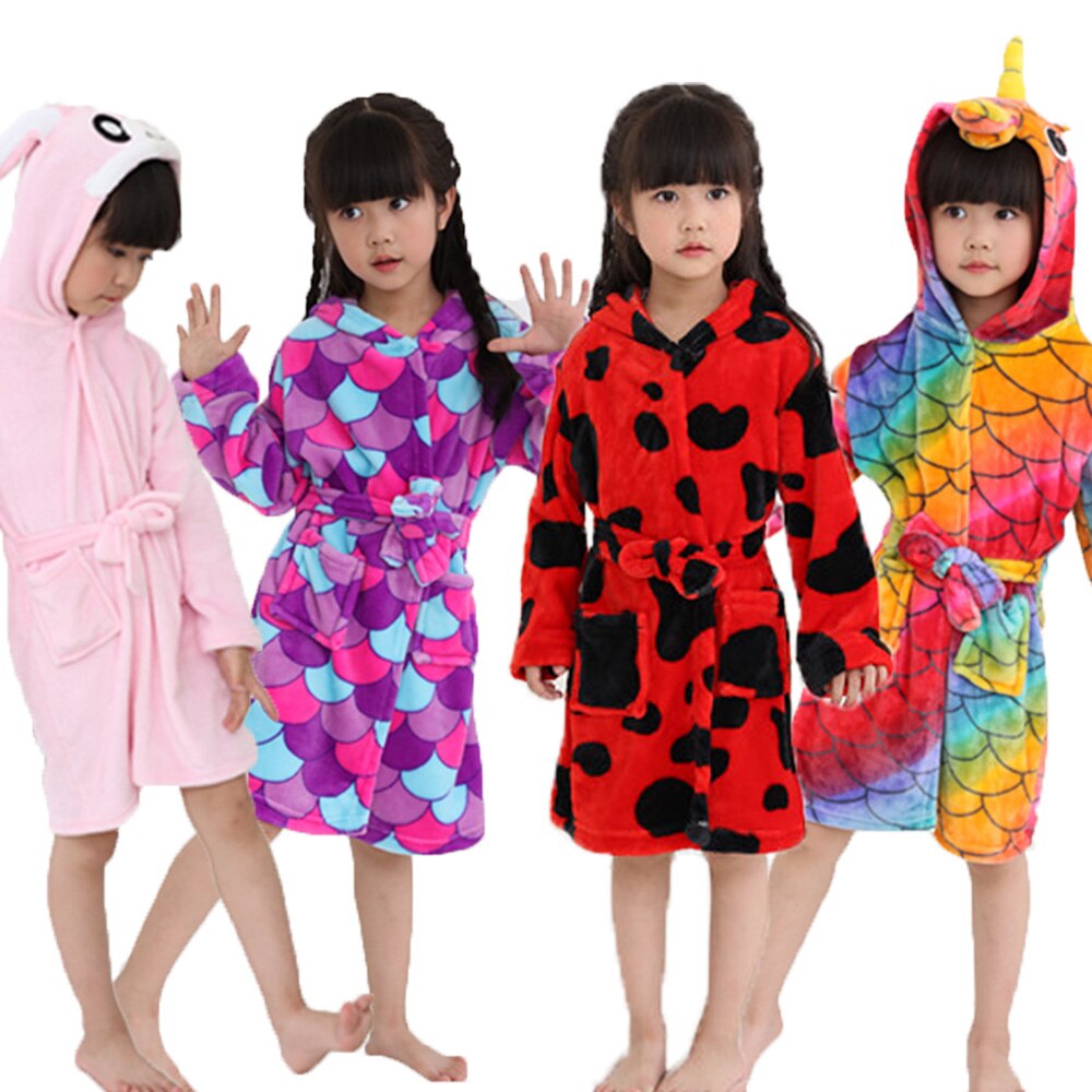 Baby Boys Girls Nightgown Flannel Sleepwear Robes Cartoon Animals Towel Nightwear Rabbit Toddler Kids Bathrobe Hooded Pajamas 