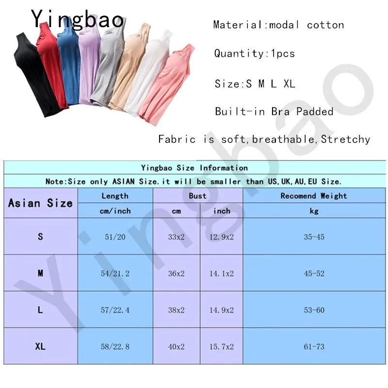 Yingbao Women Modal Cotton Built-in Padded Singlet Bra Tank Top Plus Size Sleeveless  Shirt Yoga Sport Sleep Home Wear Ro