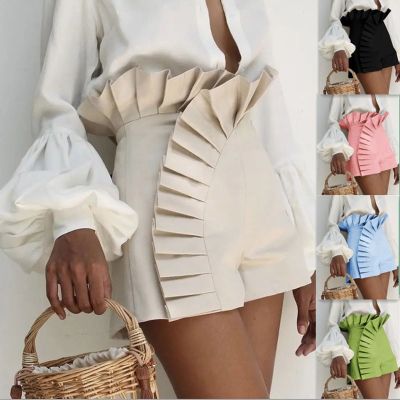2023 New Fashion Womens Bottom Ruffle Hem Ruched High Waist Shorts Elegant Summer Casual Female Clothing Outfits