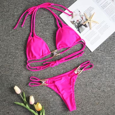 Manufacturer Ready Stock Cross-Border Swimsuit New Style Crystal Diamond Solid Color Laced-Up Bikini European American y