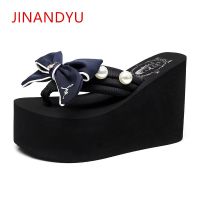 2022 Bowknot Heeled Flip Flops Women Slippers Summer 11CM High Heels Wedge Platform Shoes Sweet Womens Beach Slippers