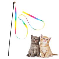 （A LIKE077）1Pcs แมวน่ารักของเล่นแบบโต้ตอบที่มีสีสัน Rod Teaser Wand พลาสติก Self Healing ของเล่นตลก Rainbow Ribbon Stick Pet Supplies