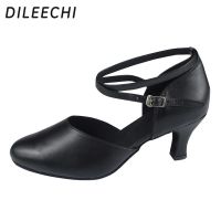 DILEECHI รองเท้าหนังวัวส้นเตี้ยสำหรับผู้หญิง,รองเท้างานเลี้ยงเต้นรำหนังแท้ส้น6ซม. รองเท้าเต้นรำสี่เหลี่ยมรองเท้าเต้นรำละติน