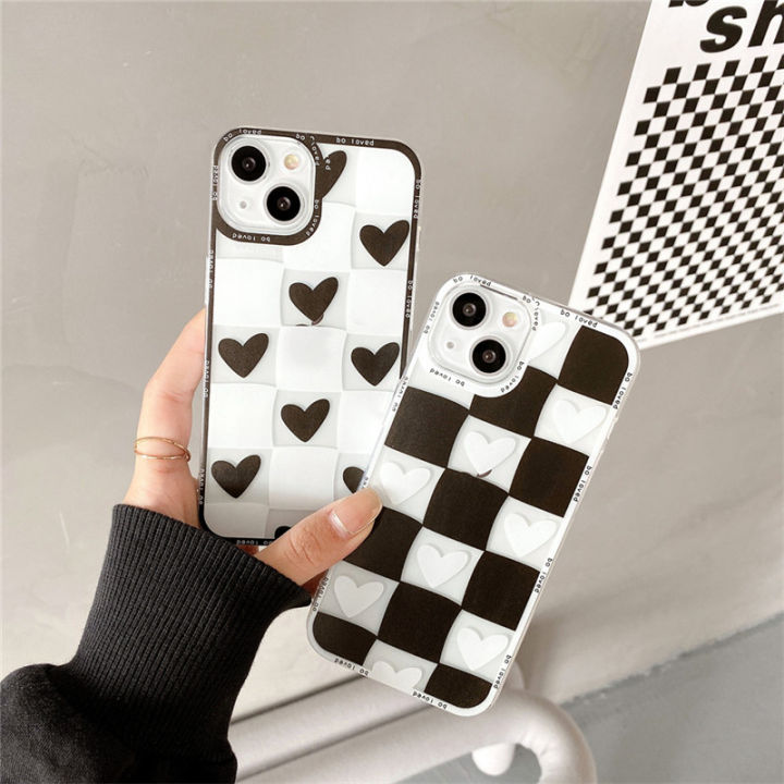 funda-for-iphone-13-12-11-pro-max-xr-xsmax-black-white-plaid-love-heart-pattern-covers-13mini-se-7-8-plus-clear-phone-case