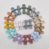 Silicone short handle fork spoon baby fork spoon training spoon licking spoon baby learning fork spoon set baby spoons Bowl Fork Spoon Sets