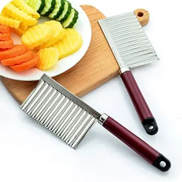 Crinkle Cutters, French Fry Slicer Stainless Steel Blade Wooden Handle Vegetable Salad Chopping Knife, 2 Pack