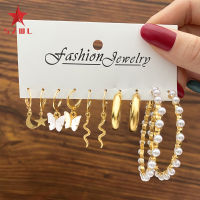 SZWL 5 Pairs Of Women Alloy Hoop Earrings Set Creative Simple Star Moon Snake Butterfly Pearl C-shaped Earrings Jewelry Girls Gifts