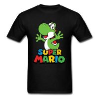 สไตล์ใหม่ Black Tee Men Swag Super Mario Bros Yoshi T-shirt Cartoon T Shirts Summer Funny Clothing Cotton Tshirt Dinosaur Printed E908 แขนสั้นTEE