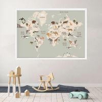 Animal World Map Nursery Wall Art-โปสเตอร์และภาพพิมพ์สแกนดิเนเวียพร้อมภาพสัตว์การ์ตูนน่ารักสำหรับตกแต่งห้องเด็ก0810