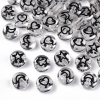 200pc Transparent Acrylic Beads Flat Round Moon Heart Flower Star Black 7x4mm Hole: 1.5mm