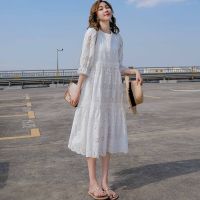 Jodie 2022 French Romantic White Dress Lace Hollow Gentle Loose Mid-Length Korean Dress All-Match Womens Cool Embroidery ban