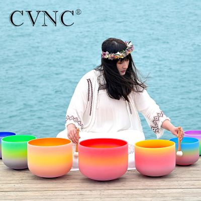 CVNC 6-12 Rainbow Color Frosted Quartz Crystal Singing Bowl 7pcs Chakra Set CDEFGAB Note with Carry Case for Sound Healing